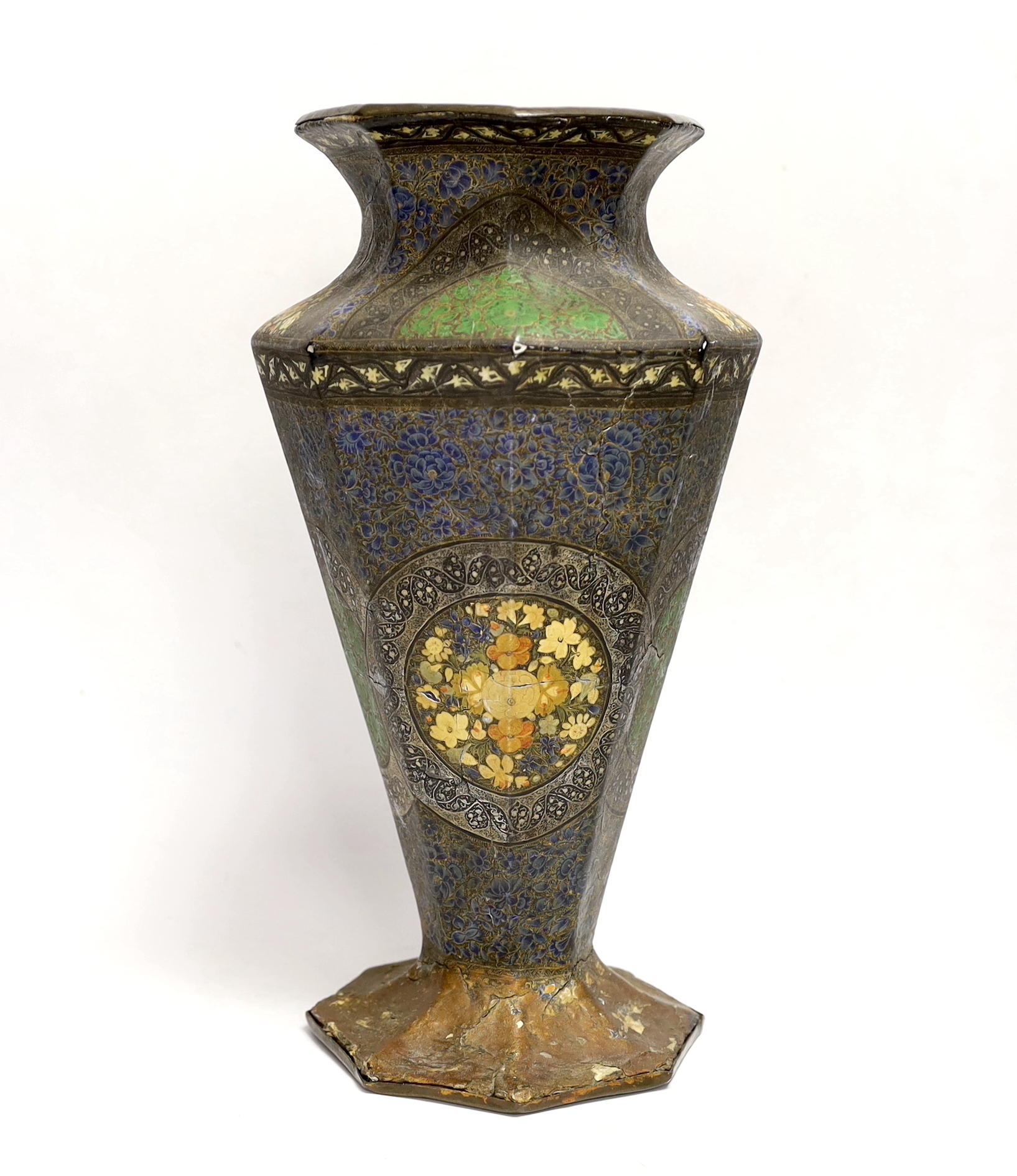 A 19th century Persian flower-painted papier mache and brass vase, 32cm high